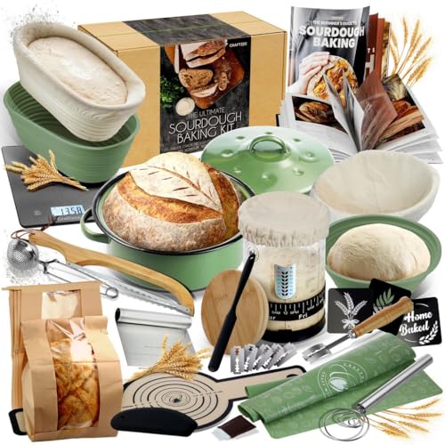 All-Inclusive 𝗣𝗥𝗘𝗠𝗜𝗨𝗠 Sourdough Starter Kit with Pot, 34 Oz Starter Jar, 4 Banneton Bread Proofing Baskets, Scrape...