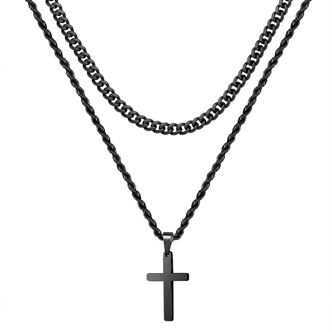 Ursteel Layered Cross Necklace for Men - 18K Gold Silver Black Stainless Steel Mens Cross Necklaces Cross Chain, Layered Rope Ch