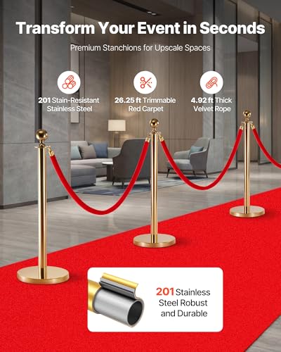 VEVOR Stanchions and Velvet Ropes 6Pcs, Hollow Base with Stainless Steel Post & 26.25ft Carpet, 4 Red Velvet Ropes, Crowd ...
