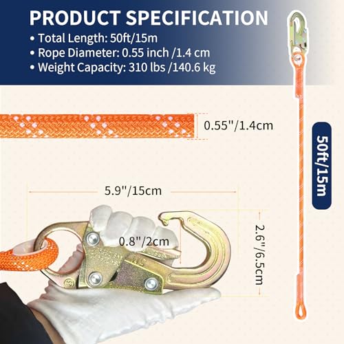 Meyoppm 50ft Vertical Lifeline Assembly, Heavy Duty Fall Protection Safety Rope with Rope Grab, Steel Snap Hooks & Shock A...