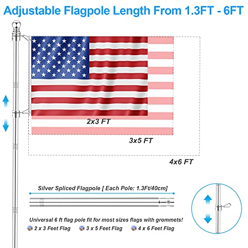 6 FT Flag Pole Kit with Mutil-Position Adjustable Bracket & Metal Tangle Free Flagpole Rings, 1" Thicken Stainless Steel O...