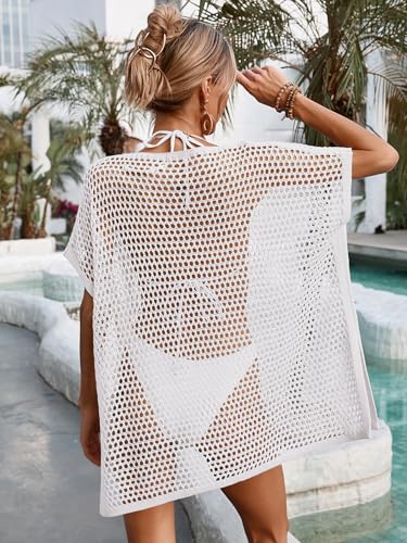 BreathSunny Womens Oversized Crochet Beach Dresses Summer 2026 Scoop Neck Cap Sleeve Bathing Suit Cover Up Mini Dress