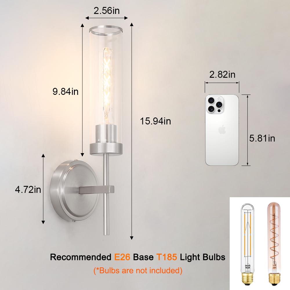 Wall Sconces Set Of 2  Brushed Nickel Sconces Wall Lighting  Modern Bathroom Vanity Light Fixtures With Clear Glass  Bathroom Sconces Wall Mount Lights For Living Room Bedroom Hallway  Hardwired