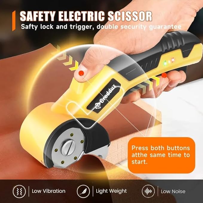 Cordless Electric Scissors，Cardboard Cutter Heavy Duty Scissor with 3 Blade, Safety Lock & Extra Blade，Rotary Cutter for Cardboard Fabric Plastic Leather Yellow