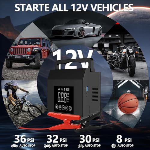 Jump Starter with Air Compressor, 4000A Car Battery Jump Starter(ALL Gas/8.0L Diesel) with 150PSI Tire Inflator 12V Car Ba...