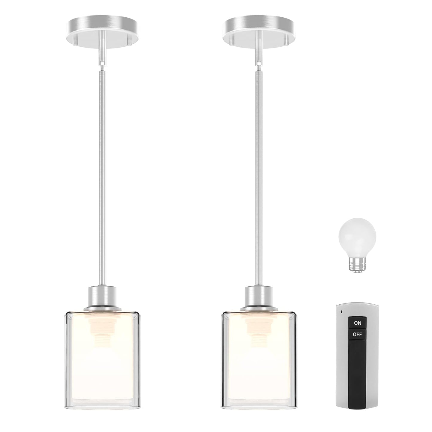 Lightbiz Pendant Light - Adjustable Rod, Clear Dual Glass, 3 Color Temperatures, Brushed Nickel, 2 Pack, Model L400