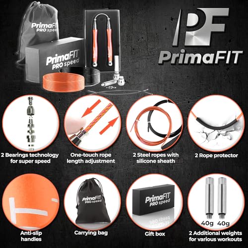 PrimaFIT Jump Rope Pro Speed Skipping Rope Adjustable Adult Jumping Rope Weighted Aluminium Handles for Double Dutch Boxin...