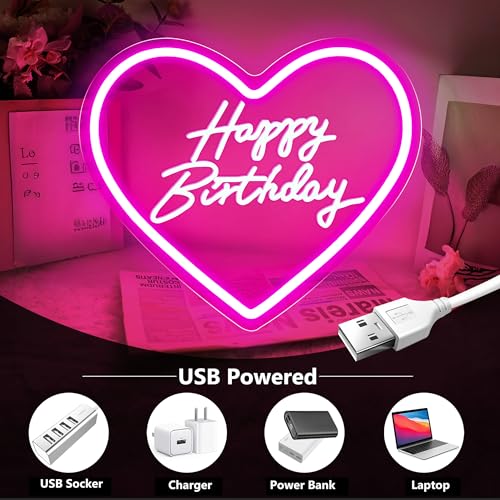 cxfyddp Happy Birthday Neon Sign, Pink, 13.7" x 12.5", LED, USB Powered, Dimmable Switch