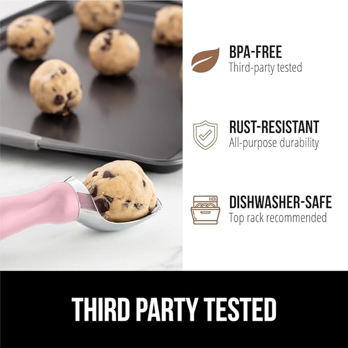 GORILLA GRIP BPA-Free Heavy Duty Ice Cream Scoop, Comfortable Ergonomic Handle, Professional Grade Scooper for Perfect Round Scoops, Spoon Frozen Hard Gelato, Sorbet, Cookie Dough, Kitchen Tool, Pink
