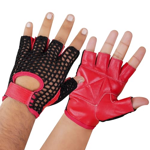 Royal Coalition Men's Driving Gloves Mesh Net Leather Racing Fingerless Motorcycle Black & Red Glove Open Knuckle