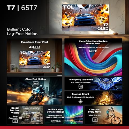 TCL 65 Inch Class T7 Series | 4K QLED HDR | 65T7, 2025 Model | 120HZ-144HZ High Brightness Smart Google TV Dolby Atmos Aud...