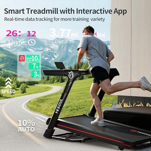 YESOUL Treadmills for Home with 10% Auto Incline, Folding Treadmill with Handrail, 300 lbs Capacity, LED Display & Interac...