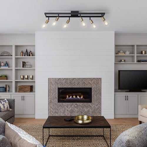 GLOBE Electric 64000096 36" 6-Light Track Lighting, Matte Black, Brass Sockets, Adjustable Pivoting Heads, Ceiling Light Fixture for Kitchen Island, Hallway, or Dining Room, Modern Farmhouse Lights