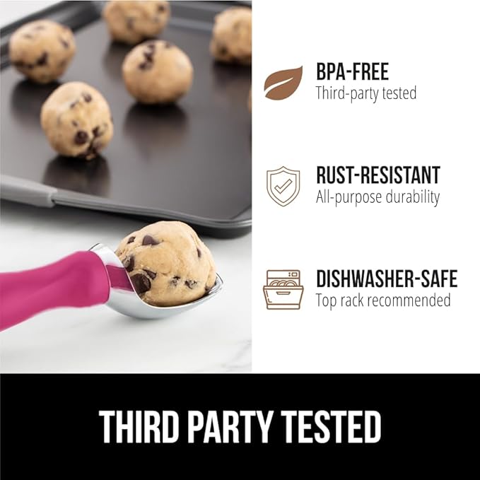 GORILLA GRIP BPA-Free Heavy Duty Ice Cream Scoop, Comfortable Ergonomic Handle, Professional Grade Scooper, Perfect Round Scoops, Spoon Frozen Hard Gelato, Sorbet, Cookie Dough, Kitchen Tool, Hot Pink
