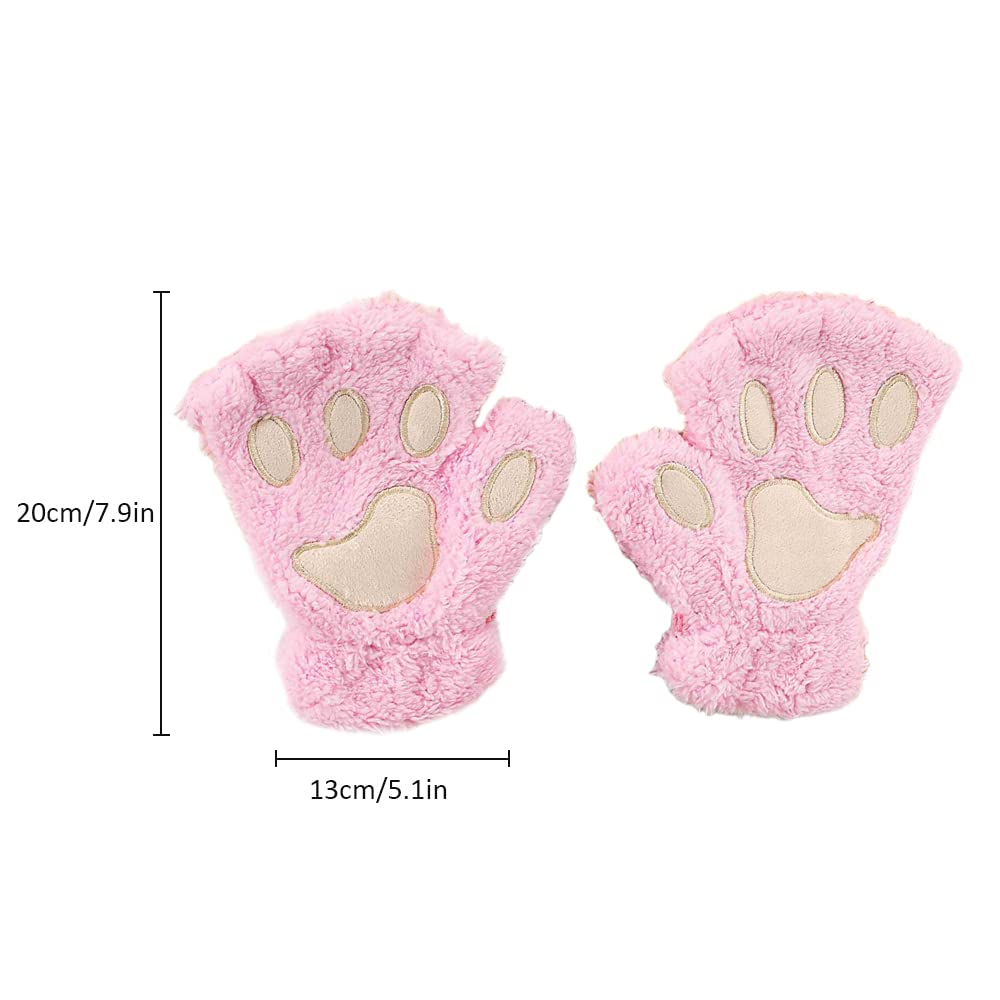 Lifenanny Cute Cat Paw Gloves, Winter Faux Fur Plush Soft Warm Half Finger Cosplay Gloves for Women Girls (Pink)