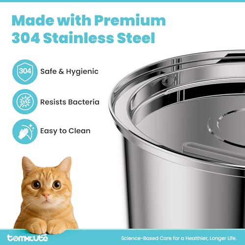 Tomxcute Cat Water Fountain, 3.2L/108oz Automatic Stainless Steel Pet Fountain Dog Water Dispenser, Ultra-Quiet Pump and 3...
