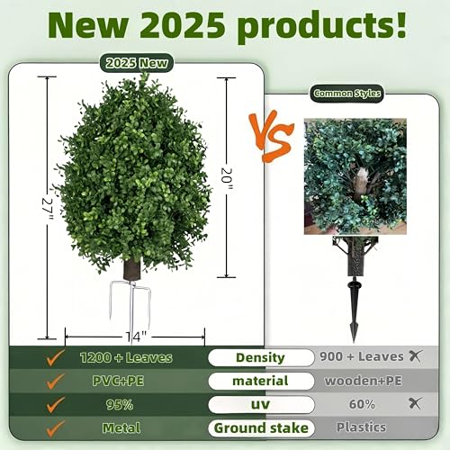 QIANYUN Boxwood Topiary Bush -Artificial Topiary for Outdoors-Evergreen Plants Topiary Ball Tree UV-Resistant 2-Pack for F...