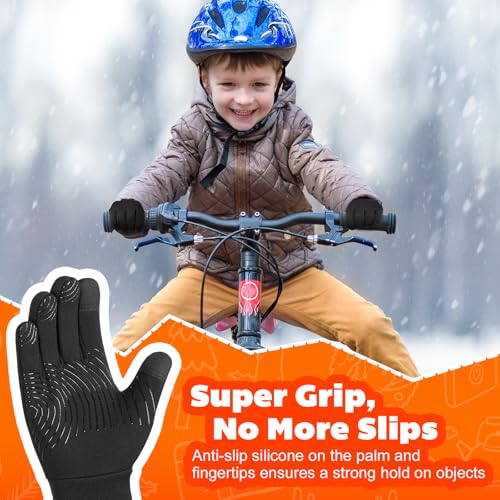 OOPOR Kid Winter Gloves with Grip - Boy Girl Wram Thermal Ski Touch Screen Bike Mittens Black 6-12 Year