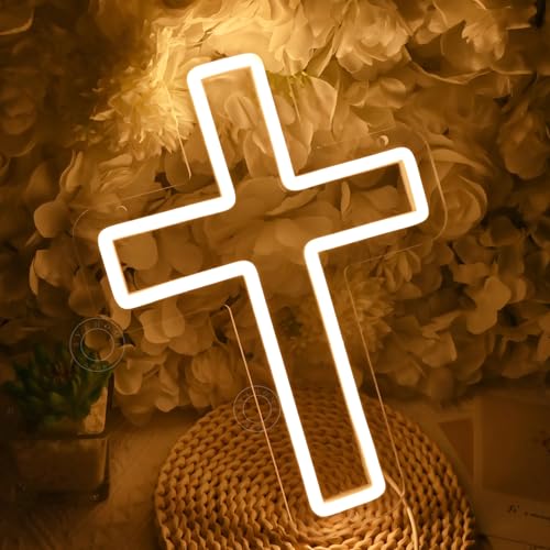 SYLHOME Cross Led Neon Light Sign Kids Bedroom Nursery Wall Sign Decor Christening Baby Shower Wedding Birthday Party Back...