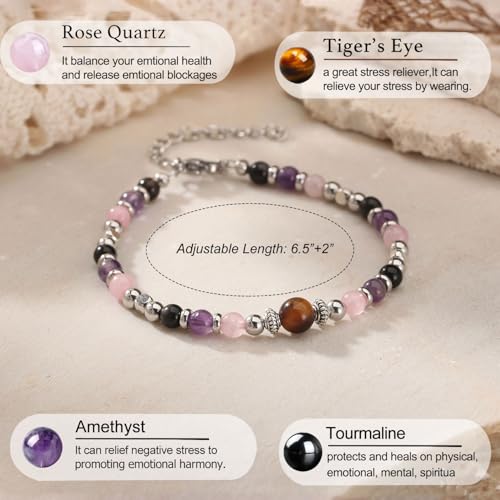 SKIRIFLA Triple Threat Protection Anxiety Relief Gifts for Women,Natural Healing Crystal Bracelet Evil Eye Jewelry for Her...