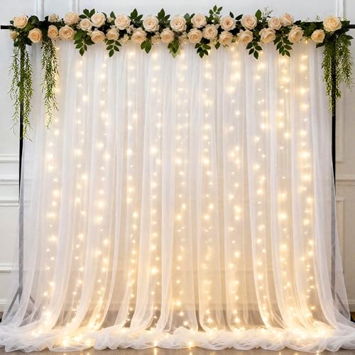 Ledido 2 Pack 10×10ft White Tulle Backdrop Curtains with Lights String - 600LED Fairy Lights Sheer Curtain Backdrop for We...