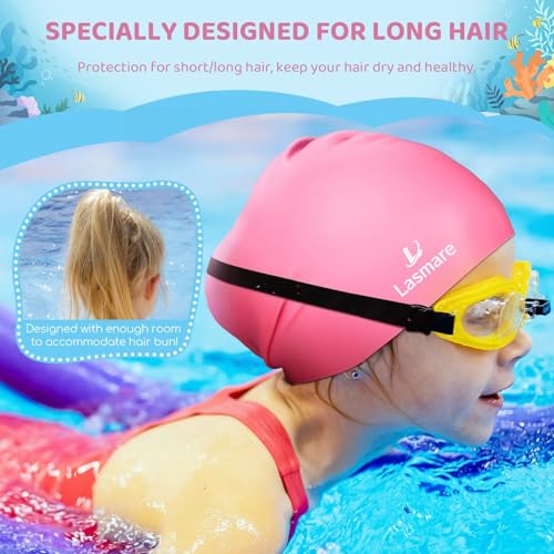Kids Long Hair Swim Cap for Girls Boys, 3 Size Silicone Swimming Cap for Age 1-15 Toddler Children Teens, Waterproof Swim ...
