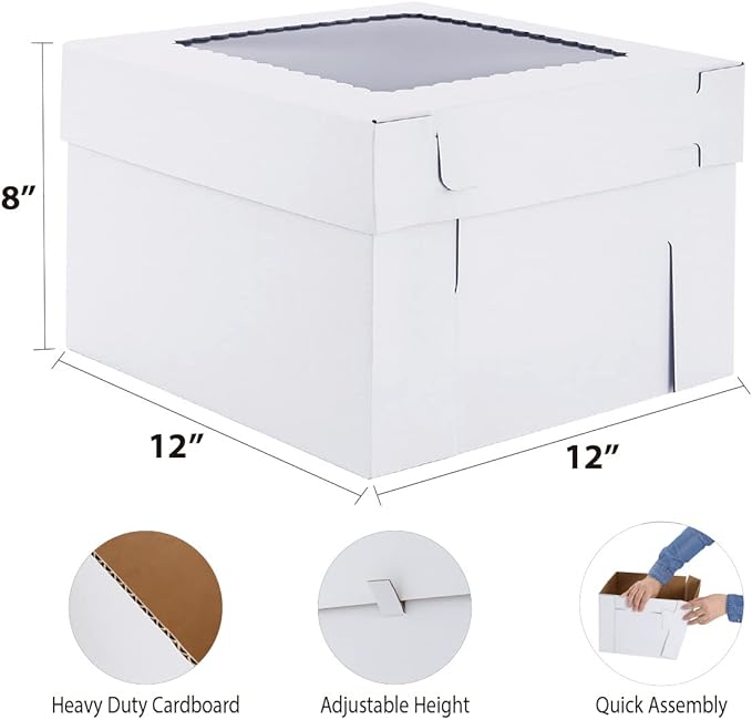 Tall Cake Boxes for Tier Cakes,12x12x8 Inch [12Pack ] Thick Sturdy Bakery Box with Window,White Cake Carrier, Disposable Cake Containers,Birthday Cake Boxes