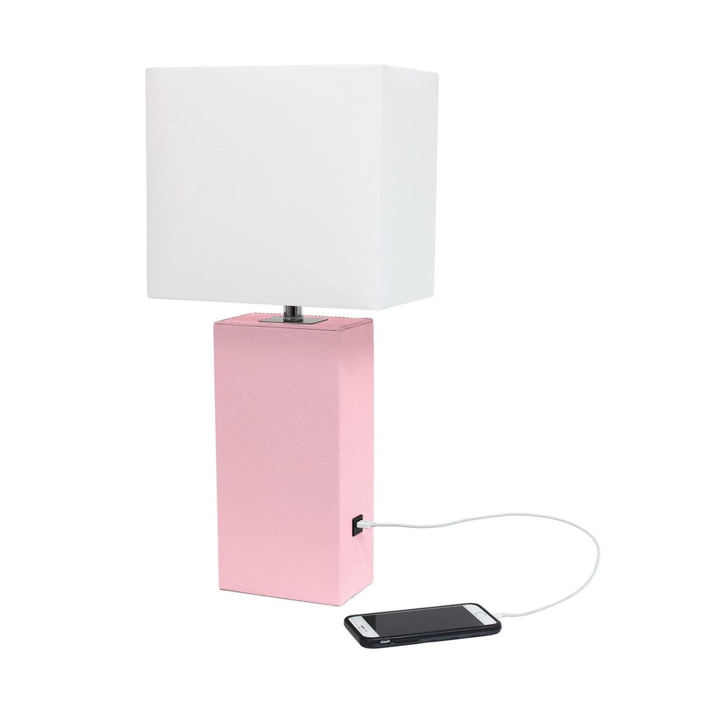 LALIA HOME Lexington 21in Leather Base Bedside Table Lamp with USB Charging Port, Pink, Model LHT-3012 Family
