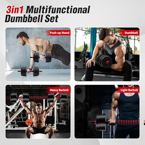 Adjustable Dumbbell Set, 40lbs Free Weights with Connector, Convertible Dumbbell Barbell Push-up Stand Set, 3 in 1 Home Gy...