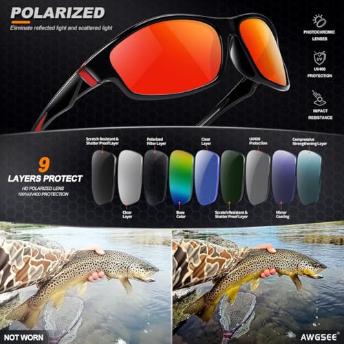 AWGSEE Polarized Sports Sunglasses for Men, UV400 Protection Lightweight Wrap Around Sun Glasses for Cycling Fishing Driving