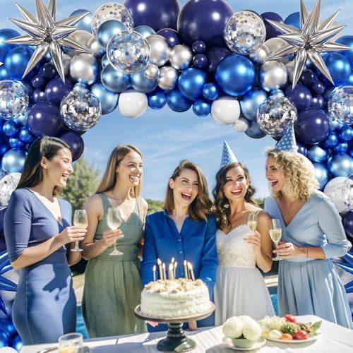 Blue White Silver Balloon Garland Arch Kit, 140Pcs Navy Light Metallic Blue Silver White Confetti Balloons With Stars for ...