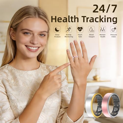 Potewek Smart Ring Long-Lasting Battery Chip Fitness Tracker Monitors Heart Rate Blood Oxygen Levels Records Sleep Step Co...