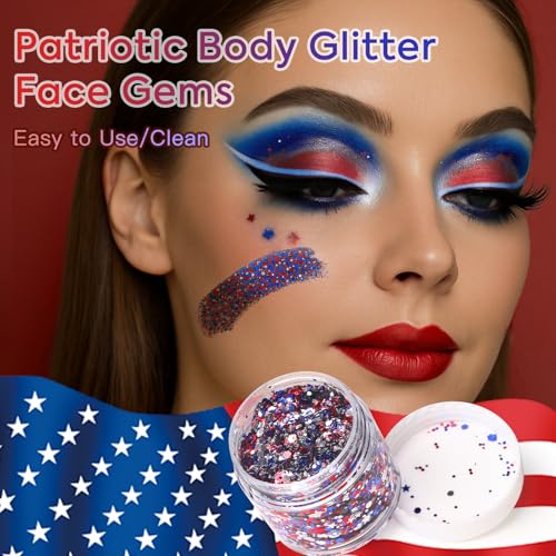 Red White Blue USA Flag Face Body Glitter, Pride Glitter Gel for Hair Nail Art, Holographic Chunky Sequins for Independenc...
