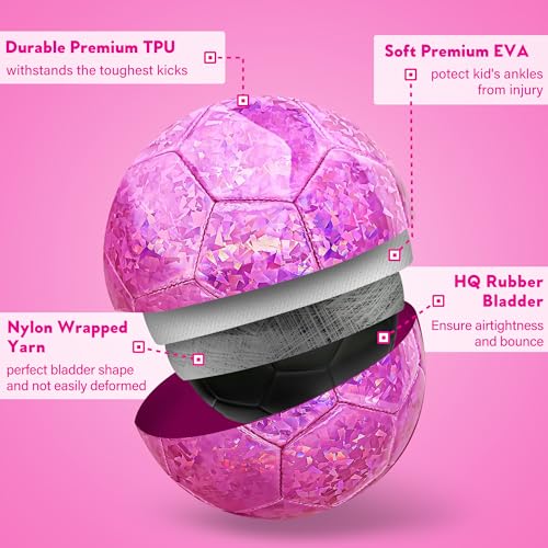 Champhox Size 4 Soccer Ball Glitter Pink - Kids Aged 4-6 6-8 8-12 Outdoors Sports Training Ball Recreation Playing Ball Te...