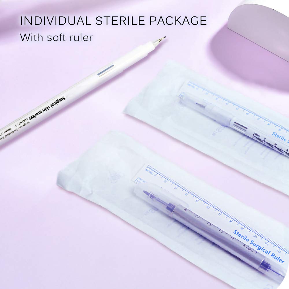 LabAider 6Pcs Professional Surgical Tip Skin Marker Pen Sterile Tattoo Stencil Markers Pen with Paper Ruler for Eyebrow, Lips - Individually Wrapped (0.5MM&1MM)