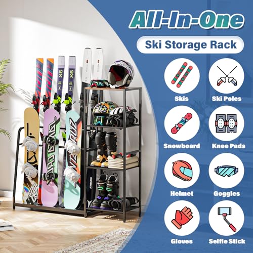 Lurgno Freestanding Snowboard Rack - 4 Pair Ski, 3 Pack Snowboard, Boot, Pole, Goggles, Helmet Rack for Garage, Shed, Base...