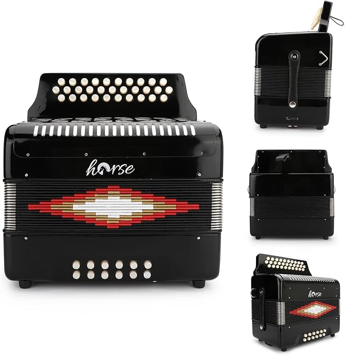 Horse 31 Key Accordion,12 Bass 3-Row G/C/F Diatonic Accordions Instruments For Adults With Thicked Suitcase And Straps, 31 Keys