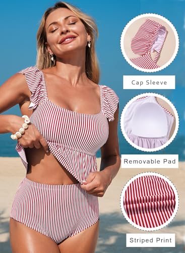 Dokotoo Two Piece Tankini Swimsuits for Women 2026 Square Neck Ruffle Cap Sleeve Bathing Suits Striped Swim Suits