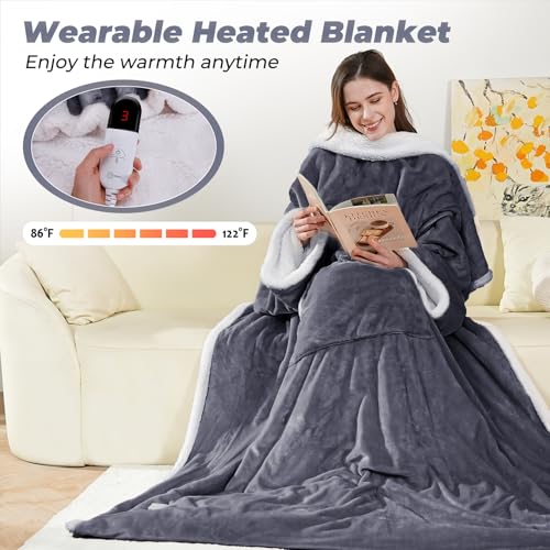Wearable Heated Blanket with Foot Pockets, Electric Wearable Throw Blanket with Sleeves, Wearable Electric Blanket with 6 ...