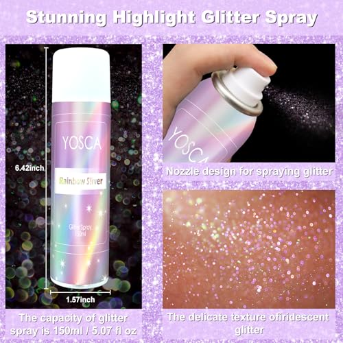 YOSCA Body Glitter Spray, 150ML Holographic Glitter Hairspray, Shiny Glitter Spray for Hair Body Clothes, Quick-Drying and...