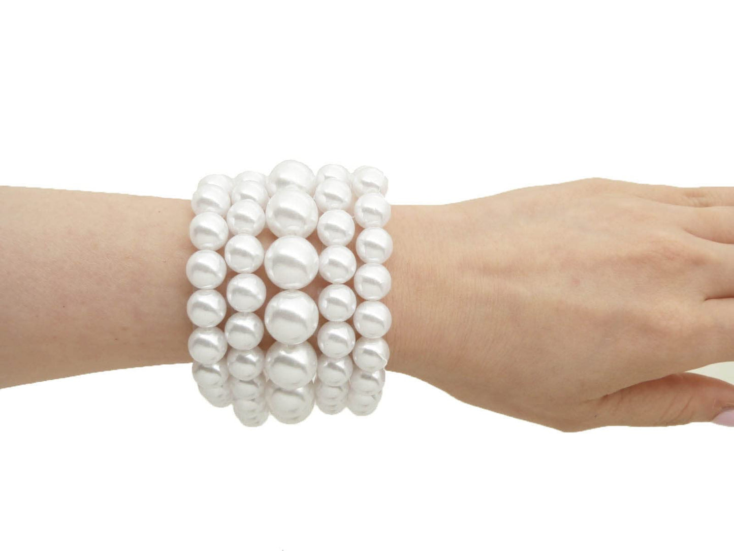 BA UNIQUE FASHION Women's Faux Pearl Stretch Bracelet 5 PCS Set (White)