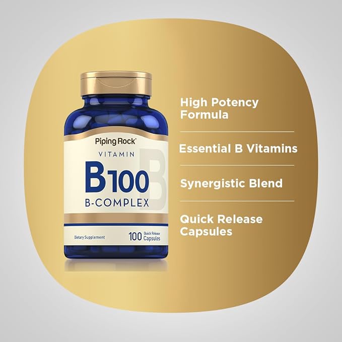 Piping Rock Vitamin B-100 Complex | 100 Capsules | Vitamins B12, B1, B2, B6 | Non-GMO, Gluten Free Supplement