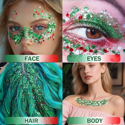Christmas Body Glitter Stick, Red Green and White Face Glitter Accessories, Waterproof Face Hair Glitter Makeup, Christmas...