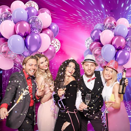 61pcs Pink and Purple Balloons, 12 Inch Purple Pink Confetti Balloons, Metallic Balloon with Ribbon for Bridal Baby Shower...