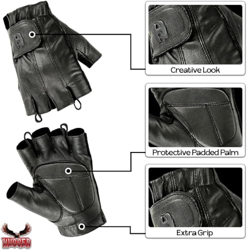 Hugger Fingerless Black Leather Gloves w/Gel Padded Palms - Driving, Motorcycle Riding, Police, Outdoor