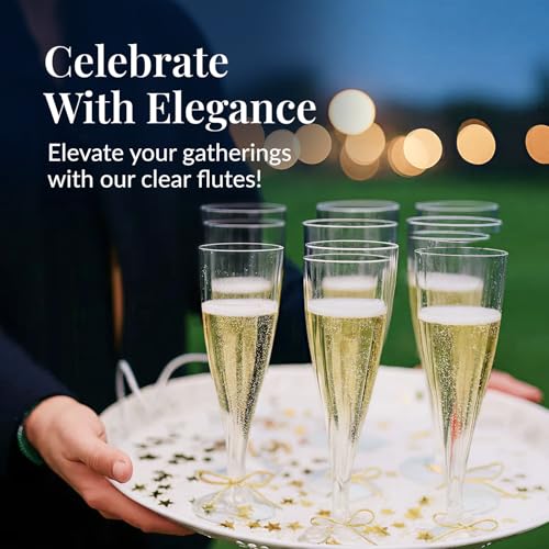 Prestee Set of 24 Clear Plastic Champagne Flutes - 4.5 oz Capacity Shatterproof Disposable Glasses - Suitable for Wedding...