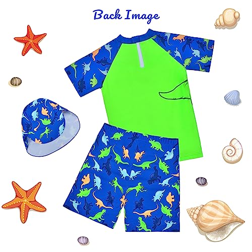 AuSletie Boys Two Pieces Swimsuit Set Short Sleeve Kids Rash Guard Dinosaur Boys Bathing Suit with Sun Cap for 2-6 Years