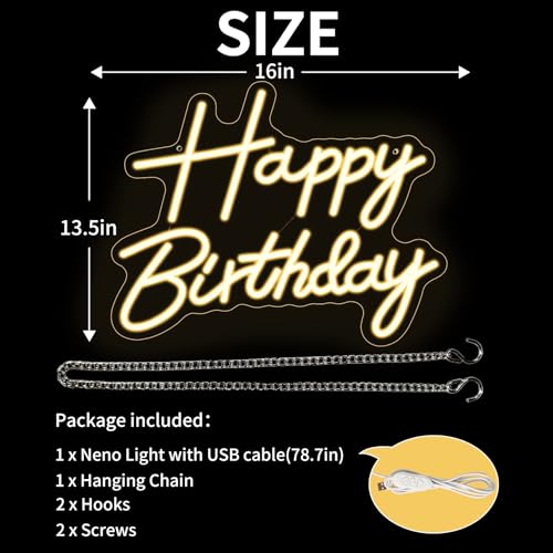 Happy Birthday Neon Sign for Backdrop, LED Happy Birthday Light Up Sign, USB Powered Dimmable Neon Light for Birthday Part...