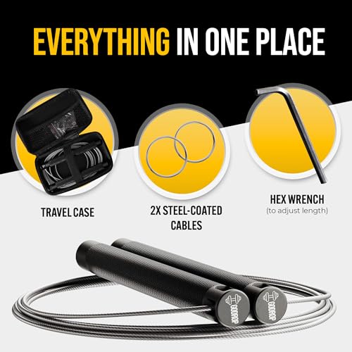 Jump Rope Set - Adjustable Speed Jump Rope - 2x Steel Coated Ropes, Carrying Case - Aluminum Anti Slip Handles with Double...