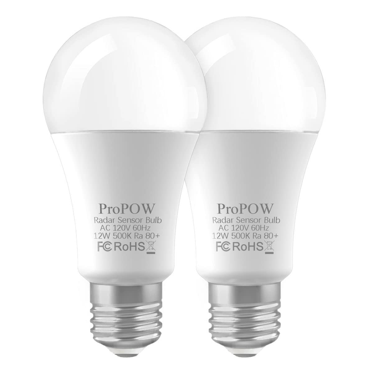 Propow A19 12W Radar Motion Sensor Light Bulbs, 2 Pack, Daylight White, E26, Auto On/Off, 1100Lm For Outdoor Use